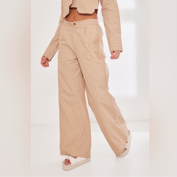 PrettyLittleThings Stone Poplin Pinstripe Tailored Wide Leg Pants- Size 6 - Picture 1 of 4